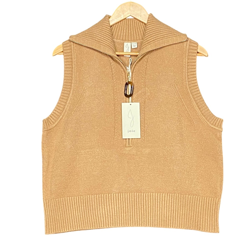 Joie Knit Vest XLARGE Collared Sleeveless Zip Up Pullover Sweater Tan Neutral